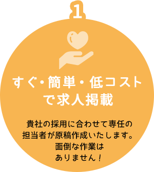 1 すぐ・簡単・低コストで求人掲載 貴社の採用に合わせて専任の担当者が原稿作成いたします。面倒な作業はありません!